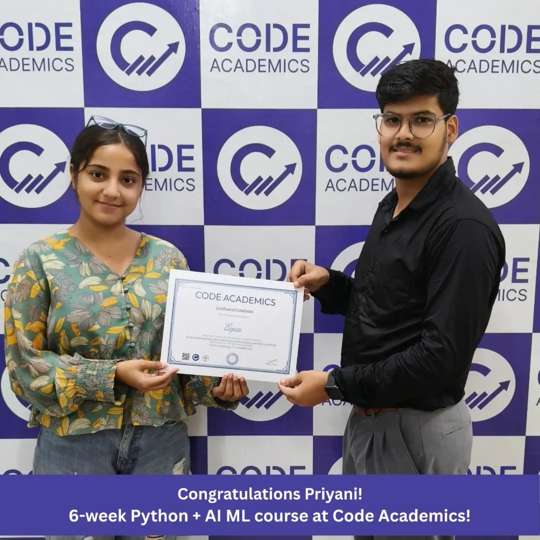 Student receiving Python with AI Course certificate at Code Academics Jalandhar